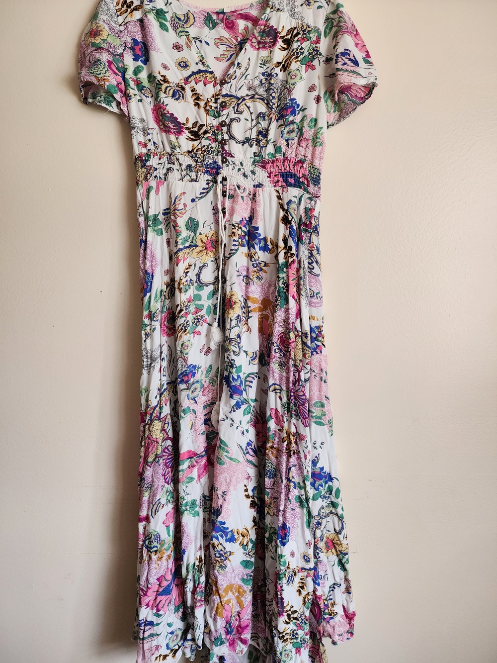 Floral Printed White Maxi Dress with Pink and Green Accents